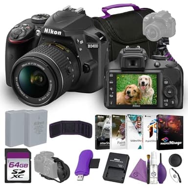 Nikon D3400 DSLR Camera 24.2MP with AF-P 18-55mm Lens 5fps Shooting ISO 25600 Guide Mode Bundle with Camera Bag + Cleaning Kit + Flexible Vlogging Tripod + 64GB Memory Card + More