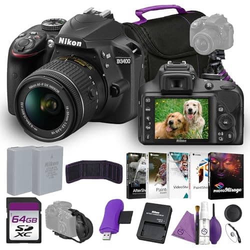 Nikon D3400 DSLR Camera 24.2MP with AF-P 18-55mm Lens 5fps Shooting ISO 25600 Guide Mode Bundle with Camera Bag + Cleaning Kit + Flexible Vlogging Tripod + 64GB Memory Card + More