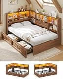 AOGLLATI Twin Corner Bed Frame with Storage Drawers and Bookcase Hidden Headboard, Charging Station and Led Lights, Farmhouse Wood Daybed for Kids Teens, No Box Spring Needed,Wood