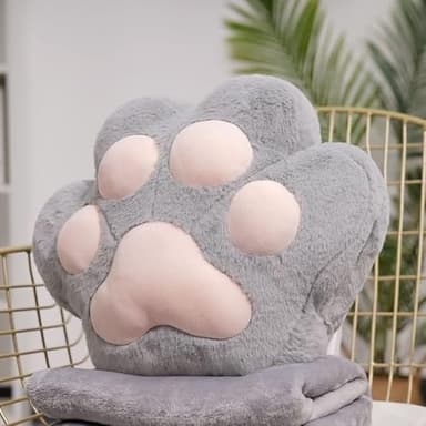 Cat Paw Pillow and Blanket 2-in-1, Ergonomic Nap Pillow with Soft Plush for Neck & Back Support, Hand Warmer Pocket, Portable Travel Pillow & Blanket Set for Office(Gray-1,Throw Pillow+Blanket)