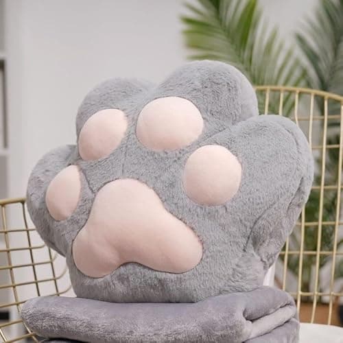 Cat Paw Pillow and Blanket 2-in-1, Ergonomic Nap Pillow with Soft Plush for Neck & Back Support, Hand Warmer Pocket, Portable Travel Pillow & Blanket Set for Office(Gray-1,Throw Pillow+Blanket)