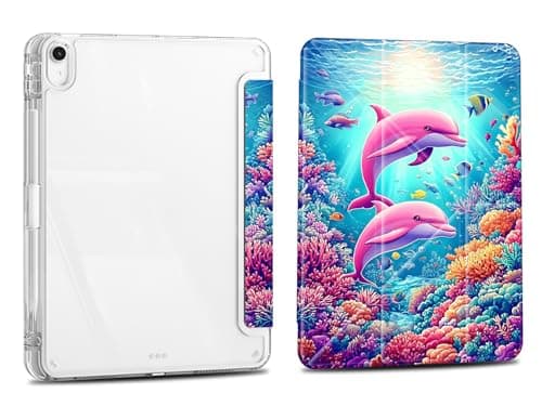 Case for iPad 10.2 Inch 9th/8th/7th Gen 2021/2020/2019, iPad Air 3 2019 10.5, Slim Clear Case with Pencil Holder，Multi-Angles Folding Y-Shaped Stand Cover, Pink Dolphin