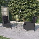 NKOPPFG 3 Piece Patio Dining Set Dark Gray with Cushions, PE Rattan Outdoor Dining Set with Steel Frame, Reclining Chairs and Glass Tabletop