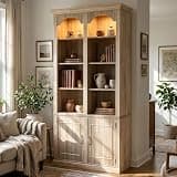 Timechee 90.3" Tall Book Shelf with Top Lights, Mid-Century Modern Bookcase Display Cabinet with 2 Doors, Vintage Arched Storage Display Shelves for Living Room, Home Office, Light Oak