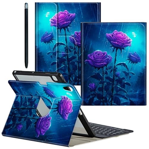 CGFGHHUY for iPad 9th Generation Case Detachable Wireless Keyboard & 360 Rotating Stand Cover with Pen Holder Protective Case for iPad 9th/8th/7th Gen 10.2 inch - Purple Roses Flower in The Rain
