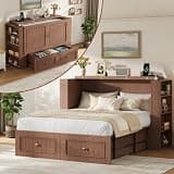 Full Murphy Cabinet Bed with Built-in USB & AC Charging Station, Convertible Cabinet Bed with Side Cubbies & 2 Storage Drawers, Space-Saving Bed for Guest Room, Farmhouse Style, Walnut Brown