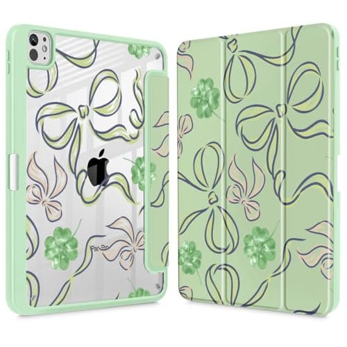 ICEKEE Case for iPad Pro 13 inch (M5) 2025 / (M4) 2024, with [Built-in Pencil Holder] Clear Transparent Back Shell Slim Stand Shockproof Tablet Cover, Auto Wake/Sleep - Green Bows