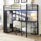 QVUUOU Twin Metal Loft Bed with Full-Length Desk & Storage Cabinet, Space-Saving High Bed Frame with Heavy-Duty Steel Construction - Black