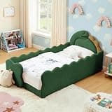 Ball & Cast Twin Size Floor Bed Frame with Cute Dinosaur Shaped Headboard,Boucle Upholstered Platform Bed Frame with Guardrail & Slats,Twin Montessori Bed for Boys Girls,No Box Spring Required,Green
