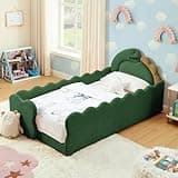 Ball & Cast Twin Size Floor Bed Frame with Cute Dinosaur Shaped Headboard,Boucle Upholstered Platform Bed Frame with Guardrail & Slats,Twin Montessori Bed for Boys Girls,No Box Spring Required,Green