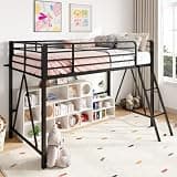 SHA CERLIN Metal Low Loft Bed Twin Size with CPC Certification, Safe Guardrail & Inclined Ladder, Heavy Duty Metal Slats Support for Small Bedroom, Black