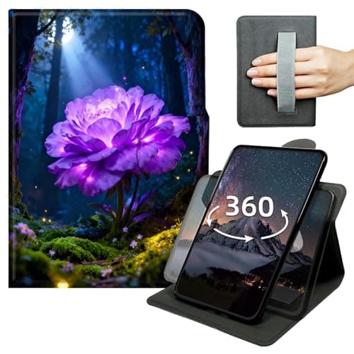 Case for Kindle Fire HD 10 (9th/7th/5th Generation 10.1" 2019/2017/2015 Release) 360 Degree Rotating PU Leather Tablet Cover with Hand Strap, Auto Wake/Sleep & Magnetic Clasp,Purple Flowers in Forest