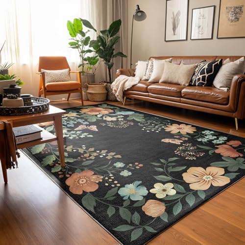 Bildenly Vintage Floral 6x9 Area Rug Black, Rug for Living Room, Bedroom, Dining Room - Soft, Washable, Non-Shedding Boho-Inspired Carpet for Playroom, Dorm