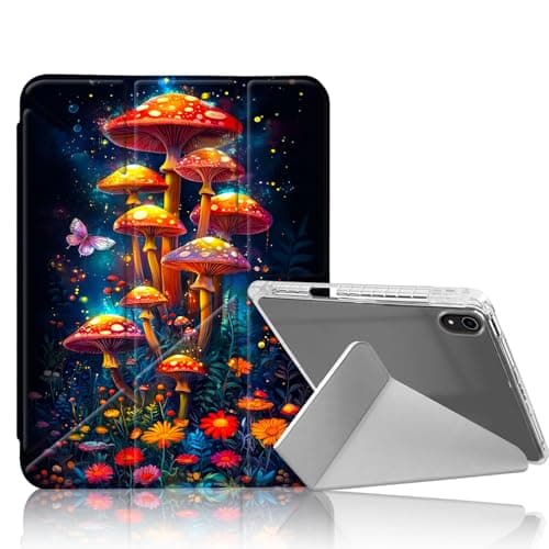 DISUOFEART for iPad mini 7 A17 Pro 2024/ iPad mini 6 2021 Case, Glowing Mushrooms in Cosmic Garden Clear Protective Cover with Pencil Holder, Multi-Angle Folding Y-Shaped Stand & Auto Sleep/Wake
