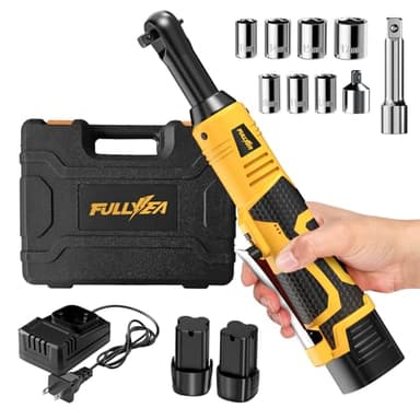 FULLYEA 3/8" Cordless Electric Ratchet Wrench Set, 550RPM, 40Ft-lbs, 16.8V Extended Power Ratchet Tool Kit with Variable Speed, 1/4" Adapter, 3" Extension Bar, 2*2.0Ah Battery and Fast Charger(Yellow)