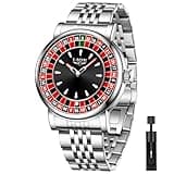 SACOSDING Mens Watches,Unique Roulette Style Quartz Analog Watch,45MM Big Face Alloy Waterproof Glowing Watch for Men,Stainless Steel Strap,Casual Fashionable Men's Wrist Watches(Sliver)