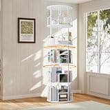 Zutueui 360 Rotating Bookshelf, 5 Tier Revolving Book Shelf, MDF Wood & Iron Narrow Tall Storage Tower for Living Room Bedroom, White/Black/Walnut Brown, 17.7" x 17.7" x 62.2", 1 Pack (White)