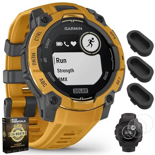 Garmin Instinct 3-45 mm GPS Smartwatch Solar Sunburst with Sunburst/Gray Band 010-02934-02 Bundle with Dust Cover, 2-Pack Screen Protector and Deco Essentials 26 Month CPS Enhanced Protection Pack
