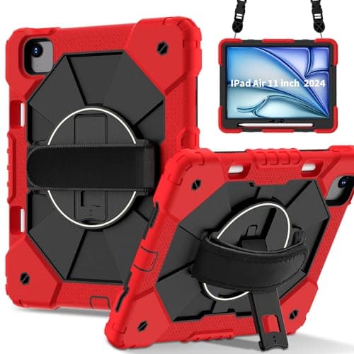 DXVTRKJM Case for iPad Air 11-inch M4/M3/M2,Air 5th/4th Generation (2022/2020) 10.9”,360° Rotating Stand Hand/Shoulder Strap &Shockproof Silicone and Hard PC. (Red+Black)