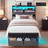 Aelawe Twin Bed Frames with LED Lights and Charging Station, Platform Bed with Metal Slats, Wood Headboard with 2 Fabric Drawers and Storage Shelves, No Box Spring Needed