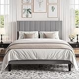 SHA CERLIN Full Bed Frame with Velvet Upholstered Headboard, Platform Bed Frame Mattress Foundation, No Box Spring Needed, Strong Wood Slat Support, Noise Free, Easy Assembly, Gray