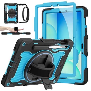Galaxy Tab S10 Lite/S10 FE/S9 FE 5G/S9 Case 10.9"/11" with MIL-STD-810G Protection, 360° Rotating Strap, Kickstand, Screen Protector, S Pen Holder, Kid-Friendly, Light Blue/Black