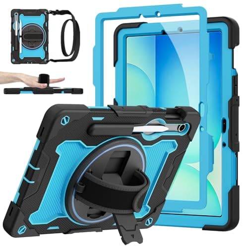 Galaxy Tab S10 Lite/S10 FE/S9 FE 5G/S9 Case 10.9"/11" with MIL-STD-810G Protection, 360° Rotating Strap, Kickstand, Screen Protector, S Pen Holder, Kid-Friendly, Light Blue/Black