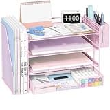 OPNICE 4-Tier Desk Organizer with Drawer & Pen Holder, Office Desk Accessories and Office Decor for Women, Paper Tray File Organizer for Home Office Workspace Supplies, Pink