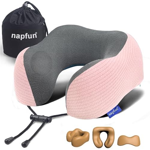napfun Neck Pillow for Traveling, Upgraded Travel Neck Pillow for Airplane 100% Pure Memory Foam Travel Pillow for Flight Headrest Sleep, Portable Plane Accessories, Pink