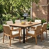 THINK 30 7-Piece Outdoor Patio Dining Set, 71" Table + 6 Arm Chairs, with Beige Cushions