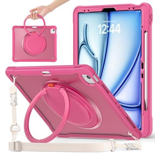 FONREST Crystal Case for iPad Air 13-inch M2/M3/Pro 12.9 A2898/A2899 A3268/A3269 w/Pencil Holder Swivel Kickstand Hanging Ring Handle Rugged Matte Translucent Shock-Proof Cover w/Shoulder Strap (Rose)