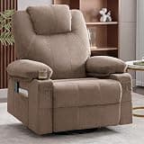 Oversized 360 Degree Swivel Rocker Recliner Chair Brown Fabric Single Sofa with Massage and Heated Cup Holders USB Ports Side Pockets for Living Room