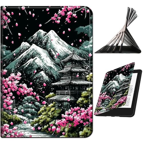 RWUTYTIUL for Samsung Galaxy Tab A 8.0" 2017 SM-T380/T385 Case, Shockproof Smart Protective Multi-Angle Viewing Tablet Cover for Women Men with Auto Sleep/Wake, Sakura Dark Mountain Range