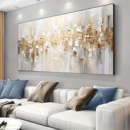 AOXUBI Canvas Featuring Abstract Golden Art - Bohemian Modern Oil Painting Print with White And Golden Accents, Large Wall Decor 86x193cm/34x76in