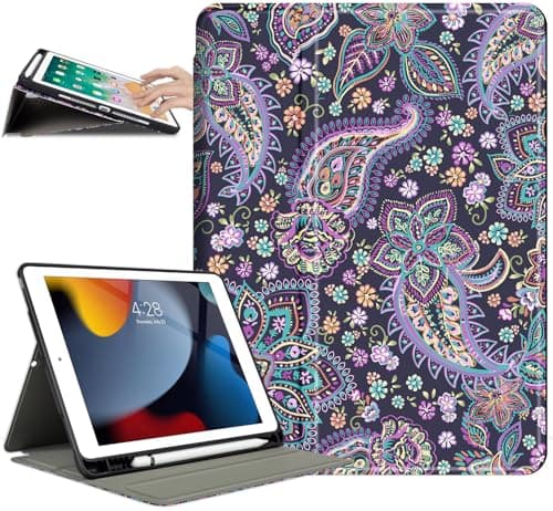 for iPad 6th Generation Case, iPad 5th Generation case, iPad Air 2 Case/iPad Air 1st Case 9.7-inch with Pencil Holder Shockproof Multi-Angle Adjustable Stand Auto Wake/Sleep Paisley Floral