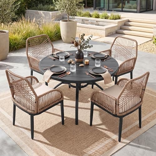 NUU GARDEN 5-Piece Outdoor Dining Set, Round Outdoor Table and Chairs for 4, All Weather Patio Furniture Set with Umbrella Hole, Handwoven Twisted Rattan Outdoor Chairs with Cushions, Brown and Black