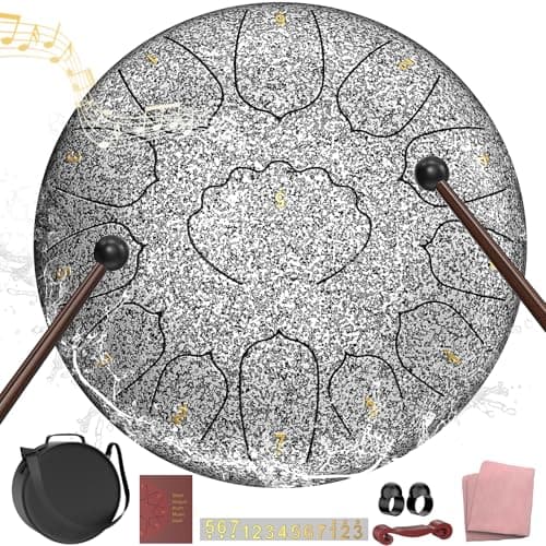 D Major Steel Tongue Drum Handpan, 12 Inch 13 Note Rain Drum for Outside Garden, Meditation Rain Chime, Musical Percussion Instrument for Adult Gift with Bag, Music Book, Drum Mallets (Star Sliver)