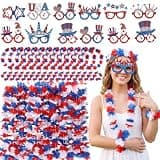 Rivvlive 12 Sets/60 Pcs 4th of July Leis with Glasses Headbands Wristbands Patriotic Party Favors Red White and Blue Accessories USA Garland Independence Supplies