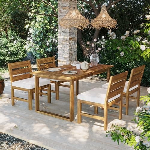 Merax 5-Piece Patio Dining Set, Acacia Wood Rectangular Dining Table and Chairs Set with Cushions, Outdoor Furniture Set for Backyard, Garden, Deck, Natural & Beige