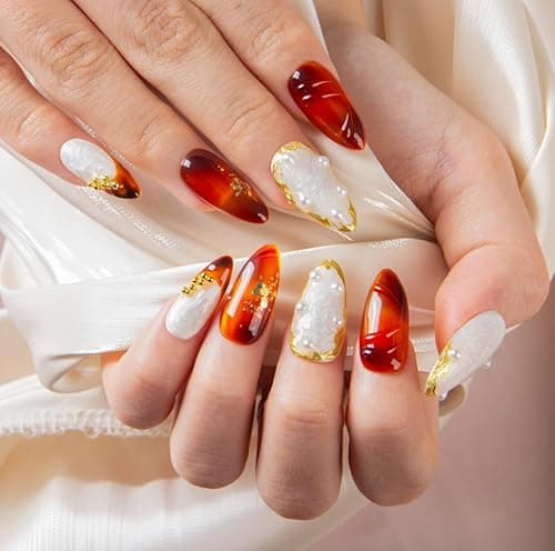 LOVFUL Reusable Press on Nails | Amber Pearl | Salon Quality Sustainable Style Handmade with Full Covered Crystals | Almond Regular 1.0 in | H754-S