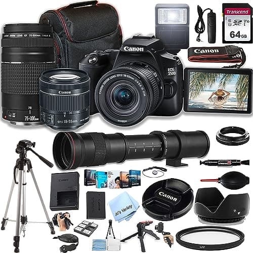 Canon EOS 250D / Rebel SL3 DSLR Camera w/EF-S 18-55mm F/4-5.6 STM Zoom Lens + 75-300mm F/4-5.6 III + 420-800mm Super Telephoto Lens + 64GB Memory, Case, Tripod, Flash, Remote (38pc Bundle)