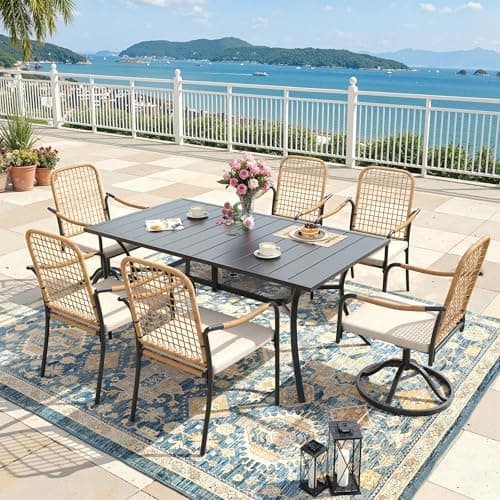 ARKOST 7 Pieces Patio Dining Set, 63" Rectangular Patio Table and Chairs Set with 2 Swivel Chairs & 4 Stackable Patio Chairs for Deck Garden, Wheat & Black