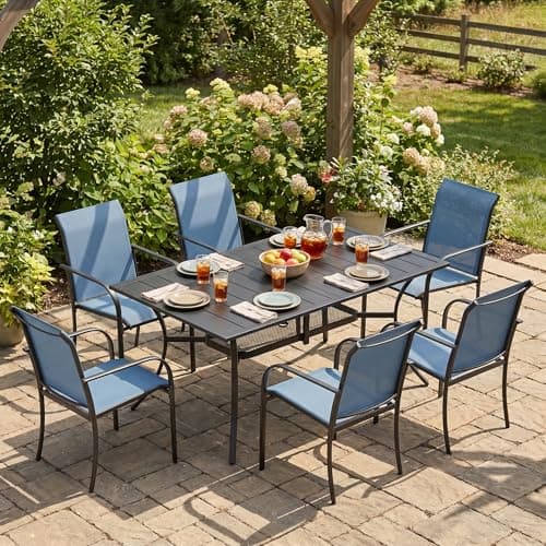 VICLLAX Patio Dining Set for 6, 7-piece Outdoor Dining Set - 59" Rectangle Patio Table and Chairs for Lawn Garden, Black Tabletop and Blue Fabric