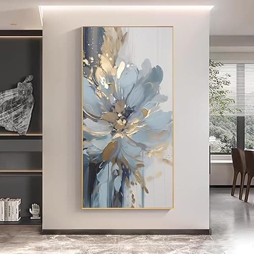 AOXUBI Modern Frameless Blue and Golden Floral Canvas Wall Art - Vertical Abstract Decorative Painting Room Decoration(90x185cm/35x73in/Unframed)