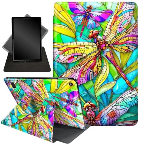 for Kindle Fire 7 case 2019 2017 Release 9th 7th Generation,360 Degree Rotating Stand Smart Protective Cover Case for Fire 7 2019,Colored Dragonfly