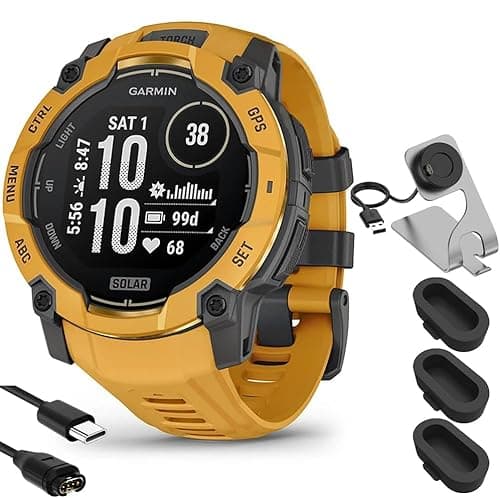 Garmin Instinct 3-45 mm Outdoor GPS Smartwatch Solar Sunburst with Sunburst/Gray Band 010-02934-02 Bundle with Deco Essentials Charging Dock, Silicone Dust Cover and USB Type C Charging Cable