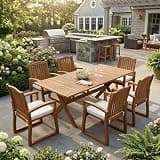 Christopher Knight Home Delle 7 Piece Acacia Wood Outdoor Dining Table Set for 6, Extendable Dining Table and 6 Chairs with Cushion, Wooden Outdoor Patio Furniture Set, Teak + Cream