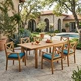 THINK 30 7 Pieces Acacia Wood Outdoor Dining Set with Blue Cushions,Modern 6 Chairs 1 Large Table,Dining Furniture Set for Lawn, Backyard, Garden Deck,Poolside,Teak,42K