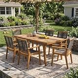 THINK 30 7-Piece Outdoor Furniture Set, Patio Dining Set, 69" Acacia Wood Rectangular Table & 6 Dark Grey Rope Arm Chairs