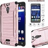 Alcatel PIXI Theatre [Cricket] Slim Armor Case Heavy Duty Brushed Metal Finish TPU Shock Impact Dual Layer Protection + Tempered Glass LCD Screen Protector (Rose Gold)